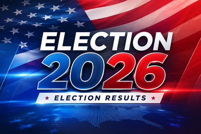 Election 2026 results graphic with American flag background